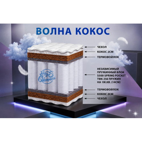 Матрас «Волна Кокос» — ортопедическая поддержка и жёсткость с обеих сторон.